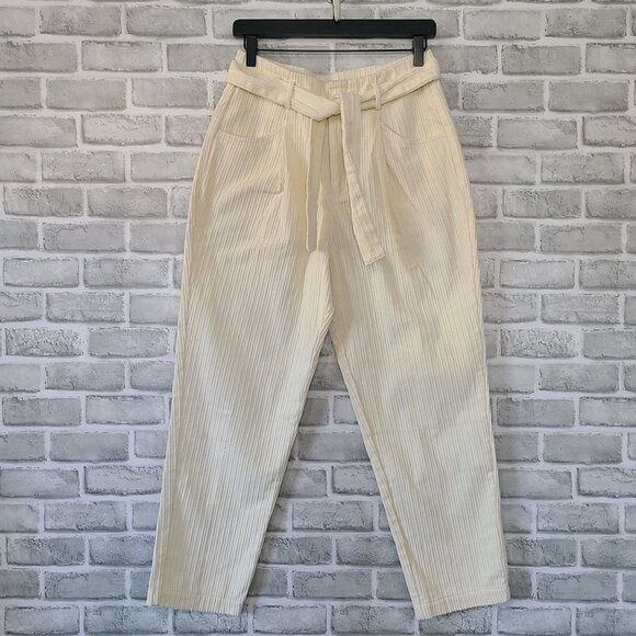 Blu Pepper Tie High Waist Ankle Crop Corduroy Pants Ivory NEW Med Casual Preppy - Picture 1 of 8